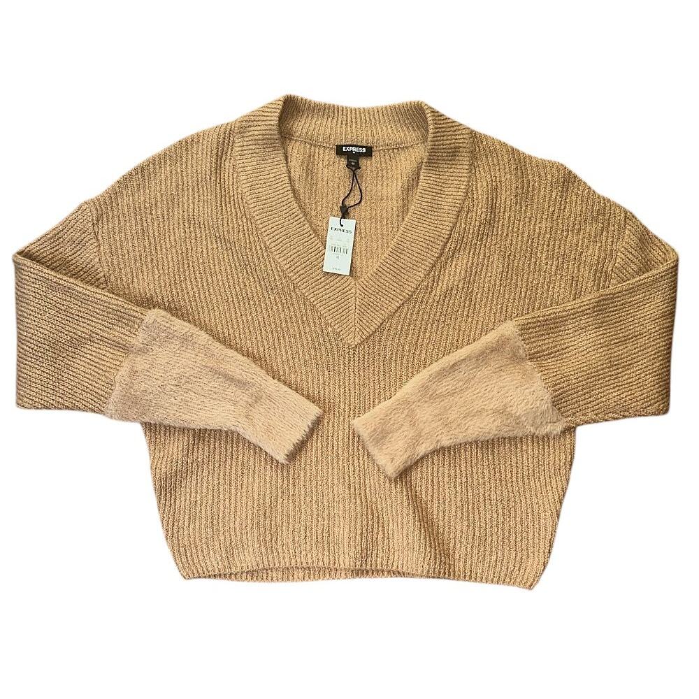 NWT Express V-Neck Faux-Fur Cuff Stretch Gold Sweater XS